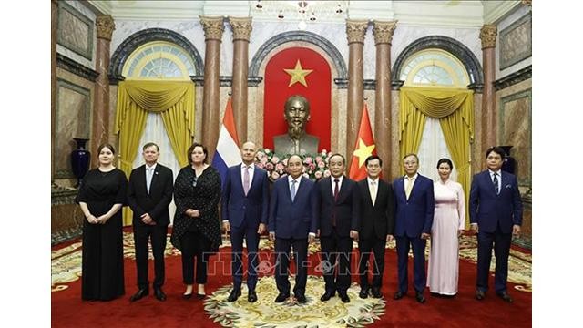 Le président Nguyen Xuan Phuc (5e à partir de la gauche) lors de la cérémonie de présentation des lettres de créances de l'ambassadeur des Pays-Bas. Photo: VNA