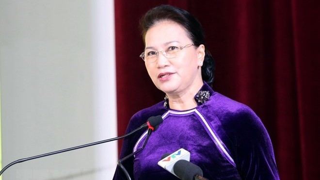La Présidente de l'Assemblée nationale Nguyên Thi Kim Ngân  prend la parole à la tribune. Photo: VNA