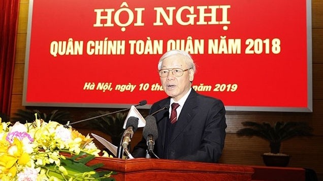 Le Secrétaire général et Président Nguyên Phu Trong s’adresse à la conférence politico-militaire de l’armée, jeudi 10 janvier à Hanoi. Photo : NDEL