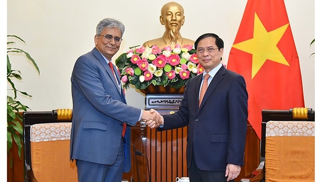 Le ministre vietnamien des AE, Bùi Thanh Son (à droite), et le vice-ministre indien des AE, Saurabh Kumar. Photo : baoquocte.vn.